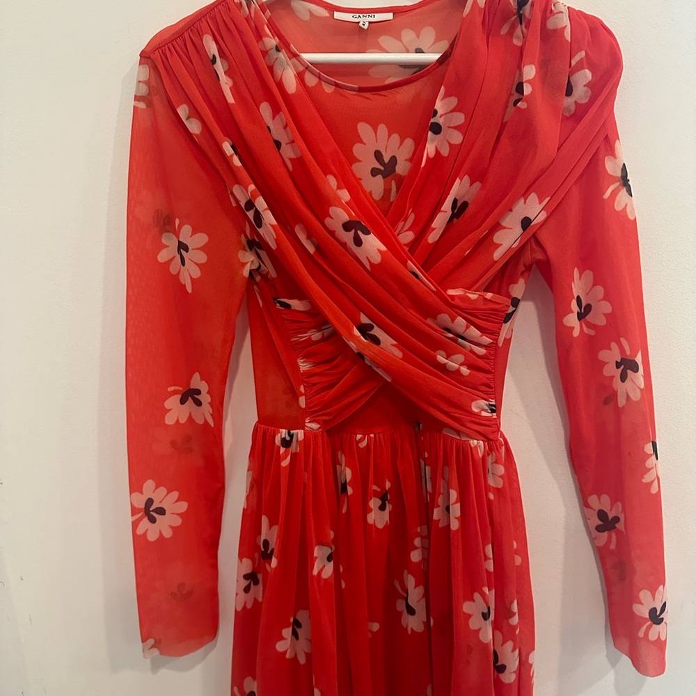 Ganni Scarlet Floral Dress with Draped Neckline